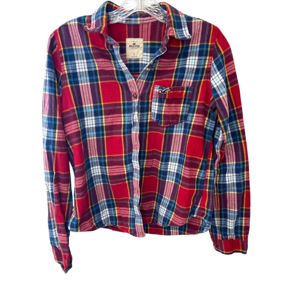 Hollister California Red Plaid Long Sleeve Button-Up Flannel Shirt Size L 100% C